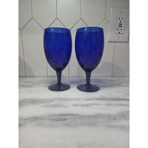 Pier 1 Cobalt Blue Glass Water Goblets 7"‎ Tall  16 oz Set Of 2 Vintage
